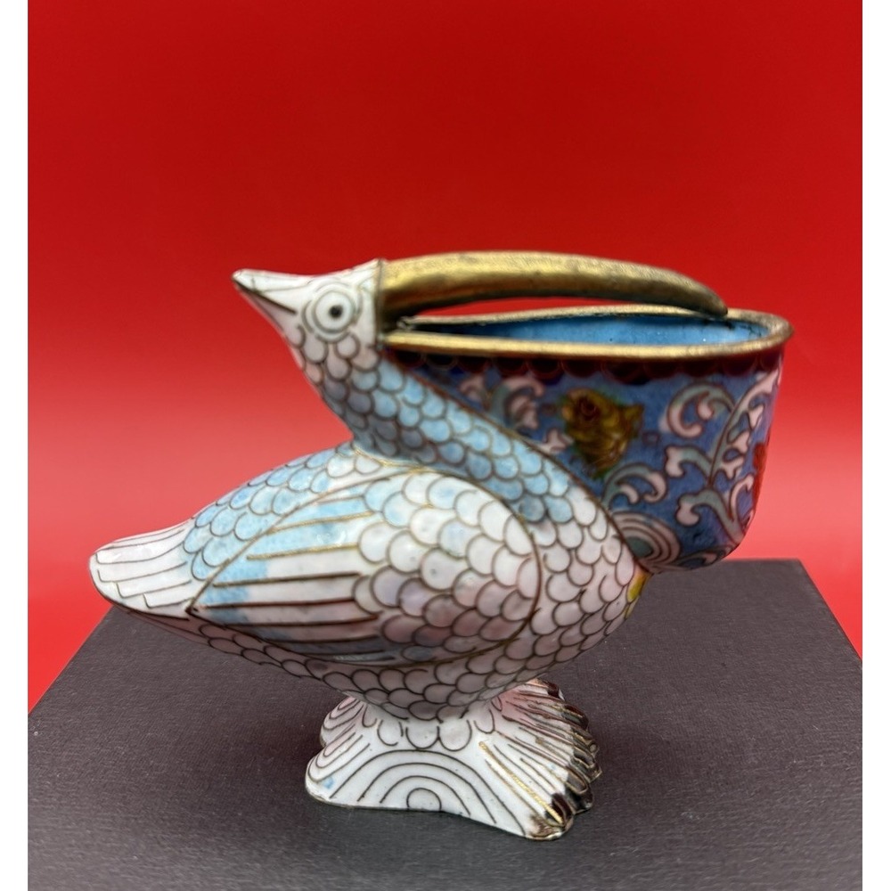 Beautiful Chinese Brass Cloisonné Blue Pelican Figurine, Miniature Vase, Vintage